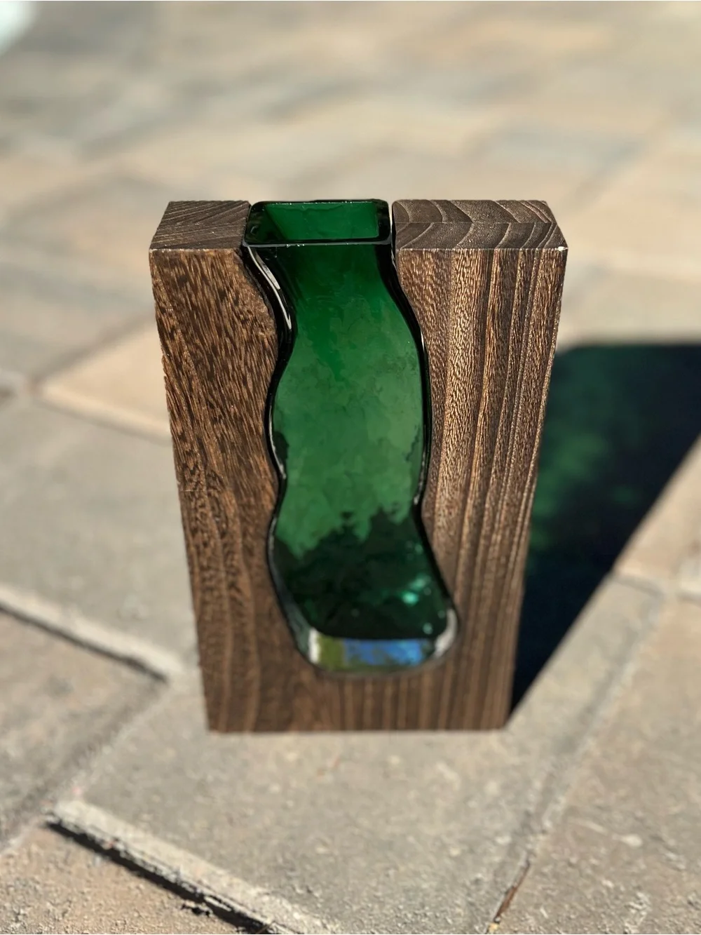 Modern Wooden Bud Vase with Emerald Green Glass Insert | Mid-Century Style Wood